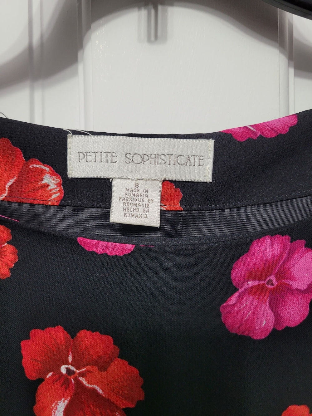 Vintage Petite Sophisticate Black Midi Dress with Pink & Red Floral Print - Picture 2 of 3